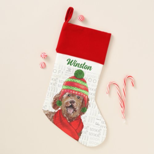 Holiday Brown Labradoodle Dog with Name Christmas Stocking