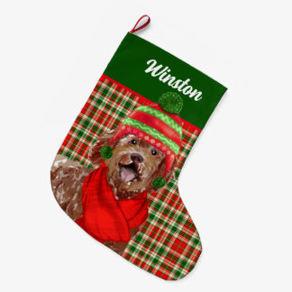 Holiday Brown Labradoodle Plaid and Dog's Name  Large Christmas Stocking