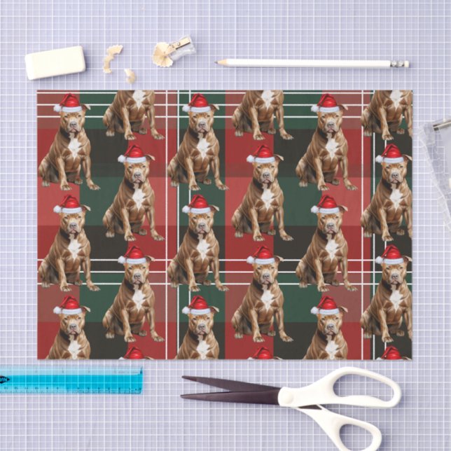 Holiday Brown Pitbull Dog Red Plaid Christmas Tissue Paper (Craft)