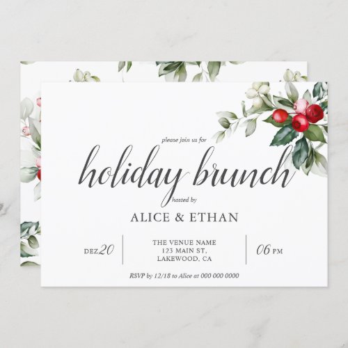 Holiday Brunch Berry Leaves Invitation