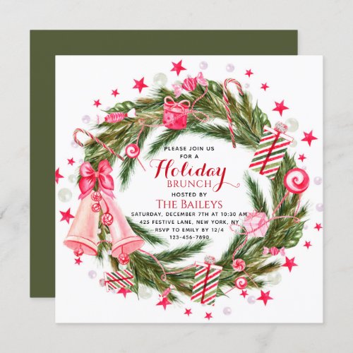 Holiday Brunch Elegant Christmas Floral Wreath Invitation