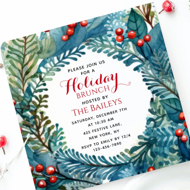 Holiday Brunch Elegant Christmas Floral Wreath Invitation (Creator Uploaded)