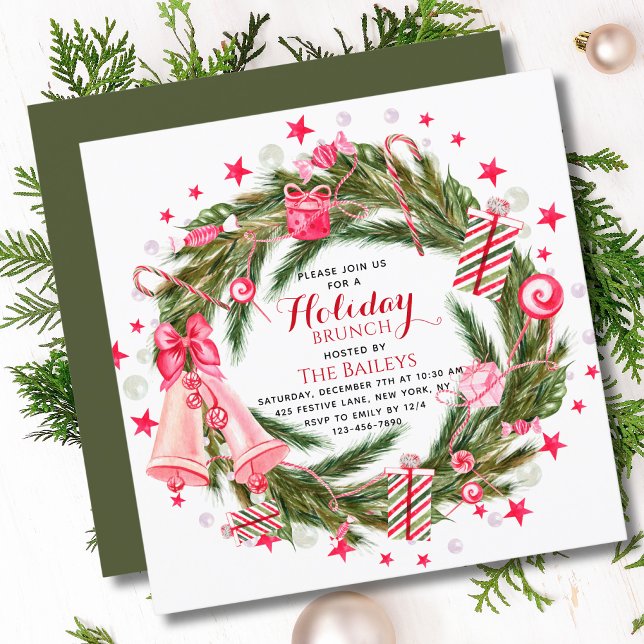 Holiday Brunch Elegant Christmas Floral Wreath Invitation (Creator Uploaded)
