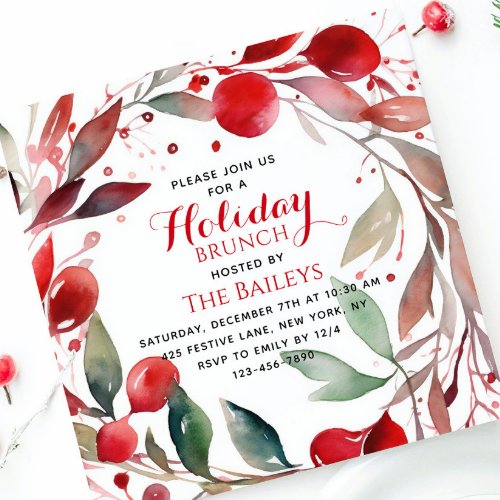 Holiday Brunch Elegant Christmas Red Floral Wreath Invitation