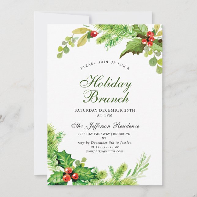 Holiday Brunch Red Holly Berry  Christmas Invitation (Front)
