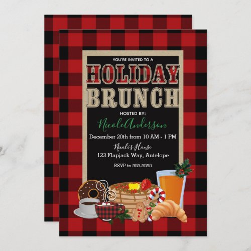 Holiday Brunch Rustic Red Black Buffalo Plaid Invitation