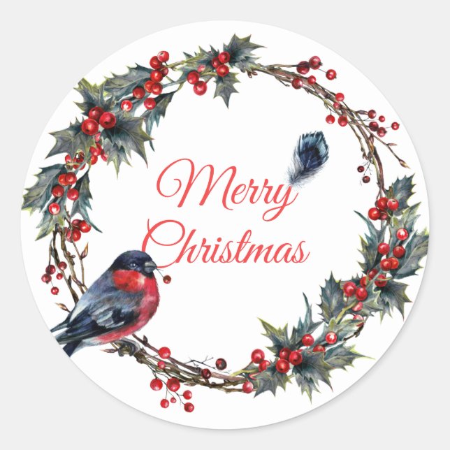 Holiday Bulfinch Berry Mistletoe Christmas Wreath Classic Round Sticker (Front)