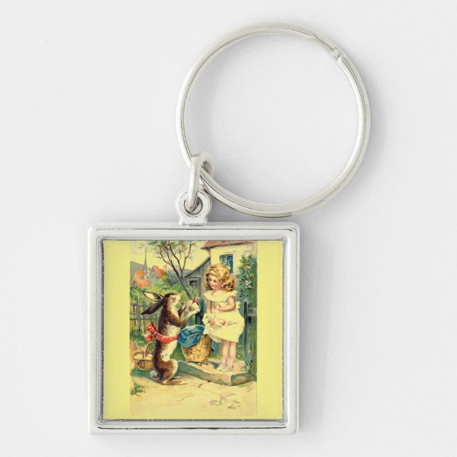 Holiday Bunny & Girl Vintage Easter Keychain (Front)