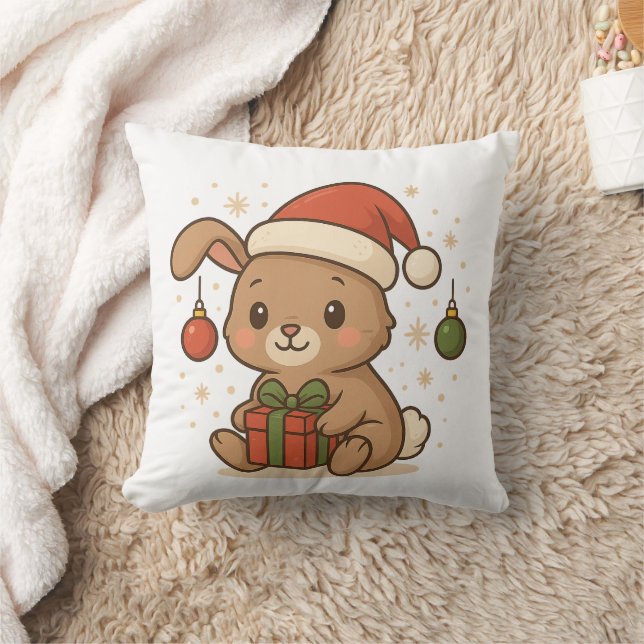 Holiday Bunny in Santa Hat Throw Pillow (Blanket)