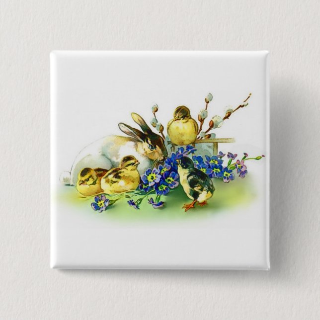 Holiday Bunny & Spring Chicks Easter Badge Button (Front)