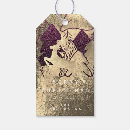 Holiday Burgundy Champaign Christmas Tree Reindeer Gift Tags