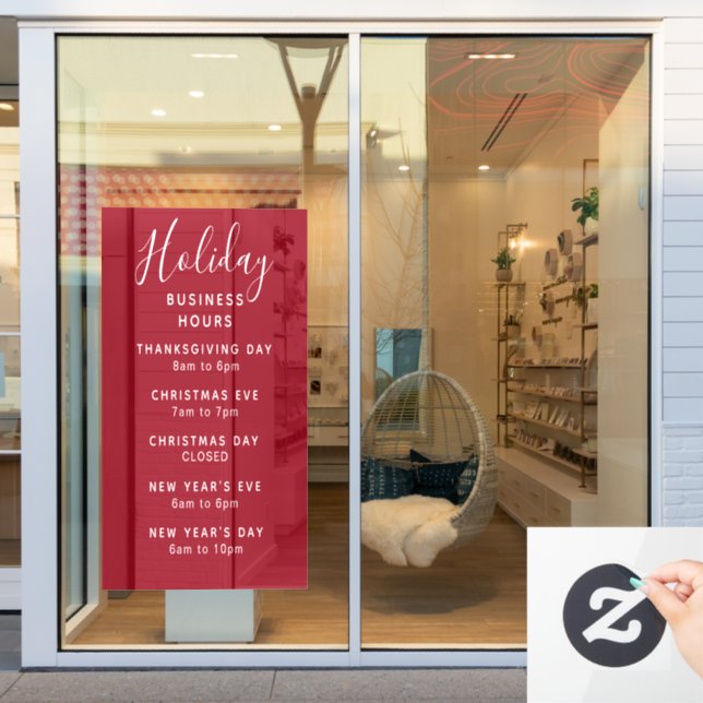 Holiday Business Hours Red White Custom  Window Cling (Store Window)