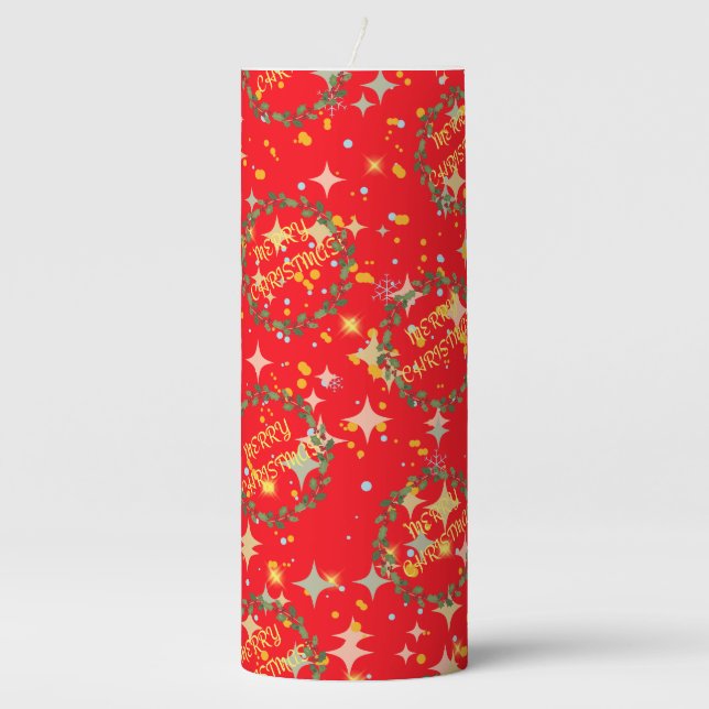 Holiday candles, bright red with wreaths,  pillar candle (Front)