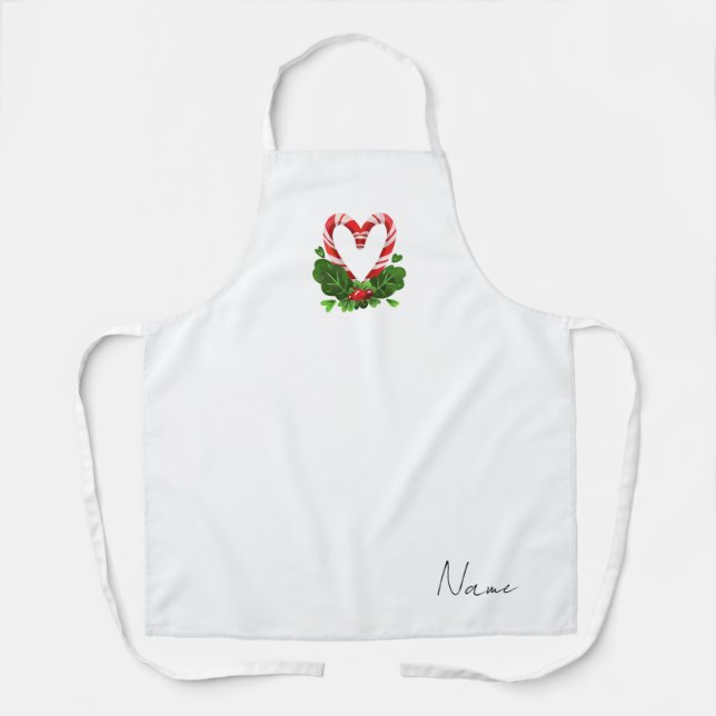 Holiday Candy Cane Heart Modern Custom Name Apron (Front)
