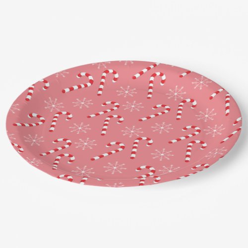 Holiday Candy Canes and Snowflake Pink Paper Plate