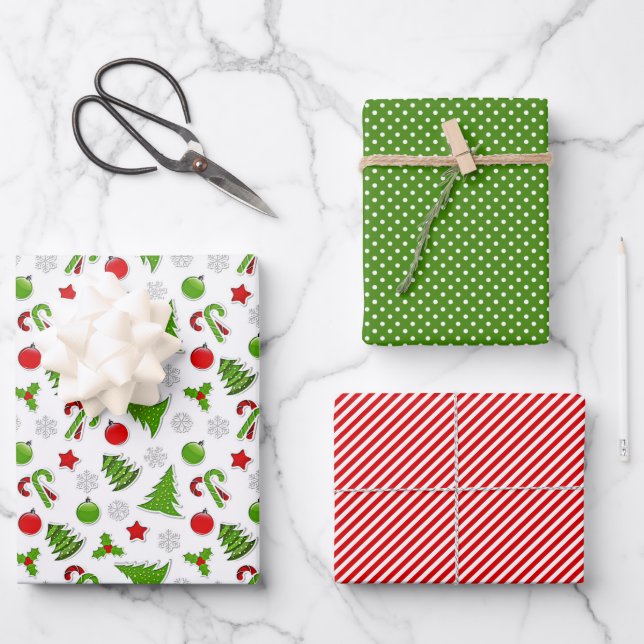 Holiday Candy Canes Snowflakes Holly Stars Doodles Wrapping Paper Sheets (Front)