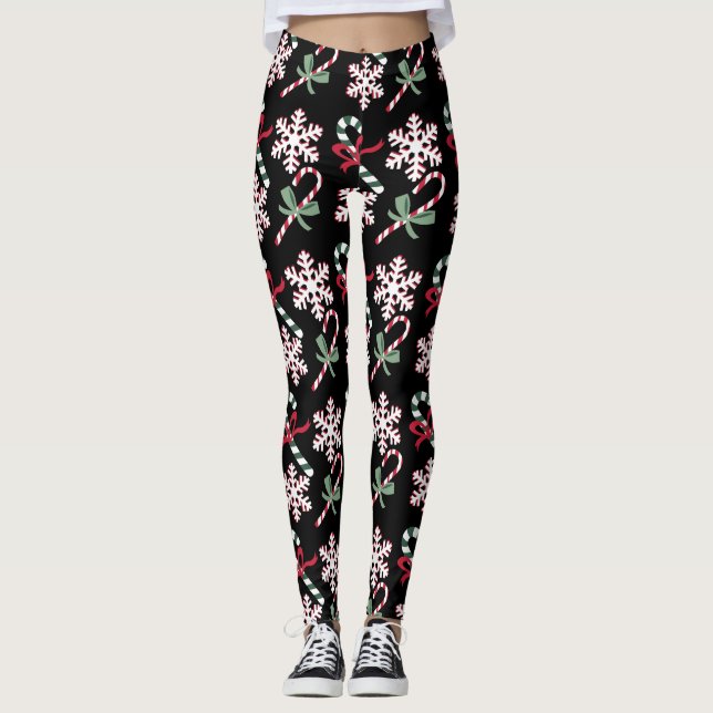 Holiday Candy Canes & Snowflakes, on black Leggings (Front)