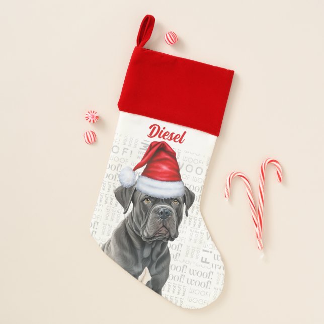 Holiday Cane Corso Dog with Name Christmas Stocking (Front)