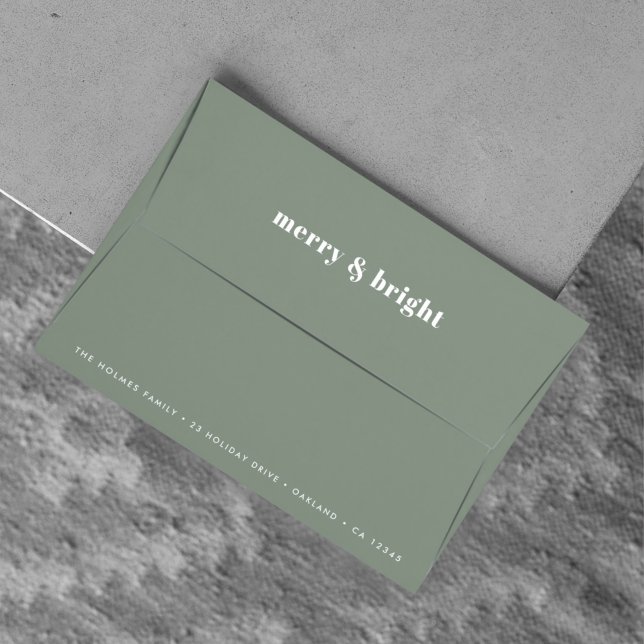 Holiday Card Envelope | Christmas Merry Mail Green (Modern forest green “Merry & Bright” Christmas card envelope by Guava)