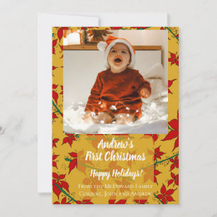 Holiday card floral gold baby's first Christmas