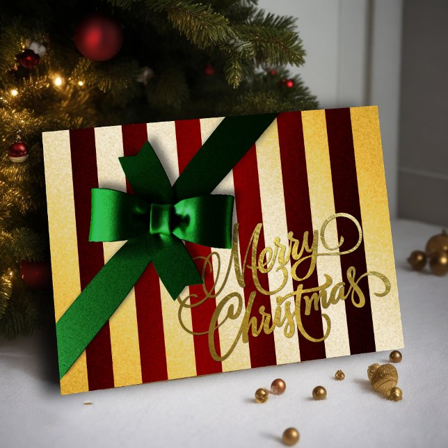 Holiday Card Green Bow Red and Gold Stripe (Creator Uploaded)