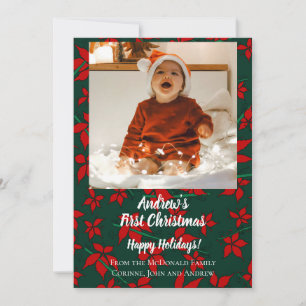 Holiday card red green baby's first Christmas