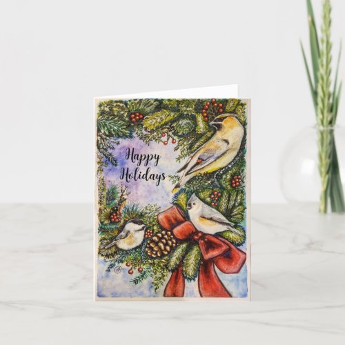 Holiday card with winter birds and wreath