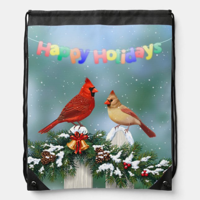 Holiday Cardinals & Christmas Garland Drawstring Bag (Front)