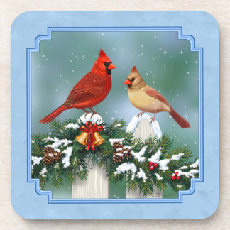 Holiday Cardinals & Christmas Garland Drink Coaster