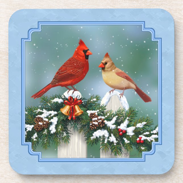 Holiday Cardinals & Christmas Garland Drink Coaster (Front)