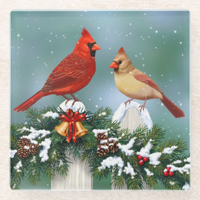 Holiday Cardinals & Christmas Garland Glass Coaster (Front)