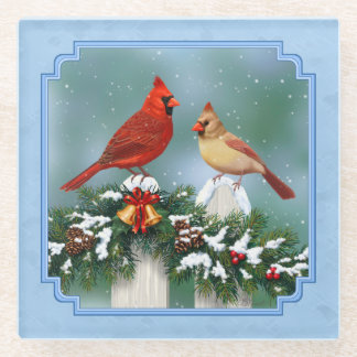 Holiday Cardinals & Christmas Garland Glass Coaster