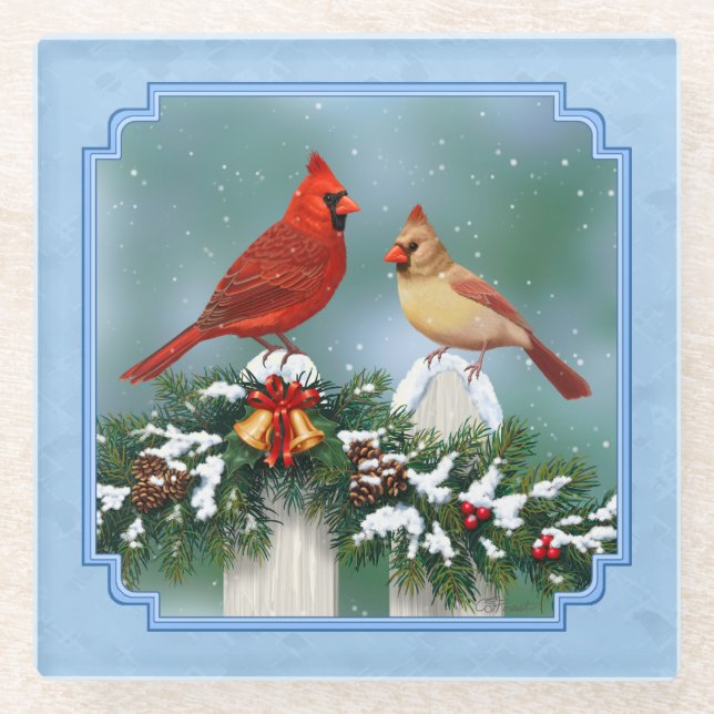Holiday Cardinals & Christmas Garland Glass Coaster (Front)