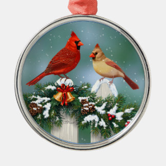 Holiday Cardinals & Christmas Garland Metal Ornament