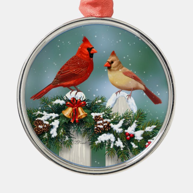 Holiday Cardinals & Christmas Garland Metal Ornament (Front)