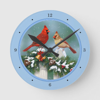 Holiday Cardinals & Christmas Garland Round Clock