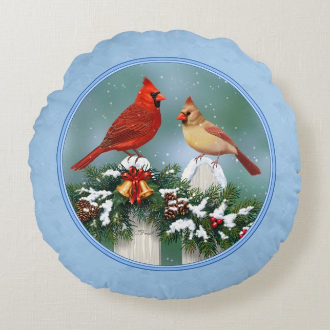 Holiday Cardinals & Christmas Garland Round Pillow (Front)
