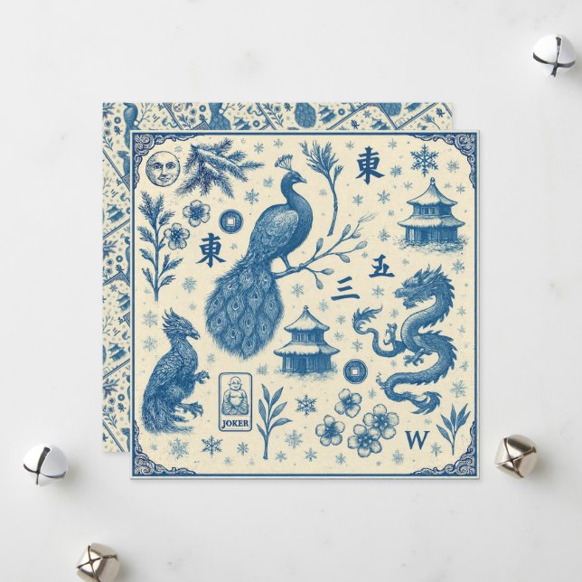 Holiday Cards - Mahjong Toile - Flat Two Sided (Front/Back In Situ)