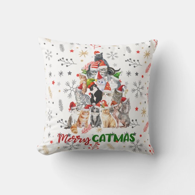 Holiday Cat and Kitten Christmas Tree red   Throw Pillow (Front)