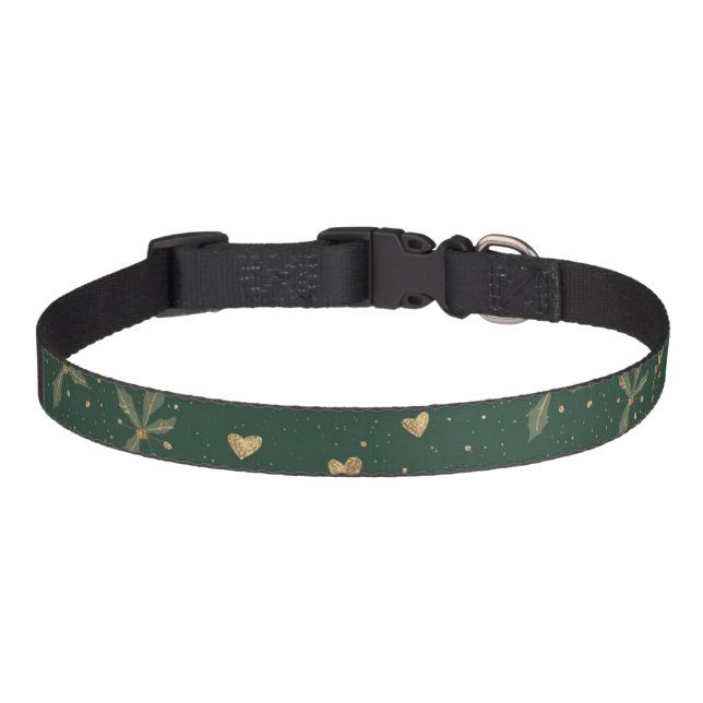 Holiday Cat Collar | Emerald Green & Gold Holly (Front)