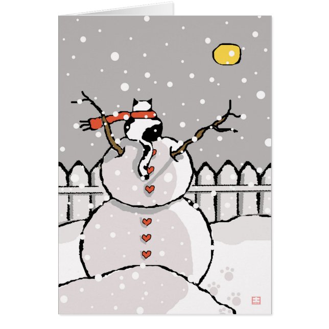 Holiday Cat Sitting on Snowman Snowy Night (Front)