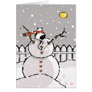 Holiday Cat Sitting on Snowman Snowy Night Cards