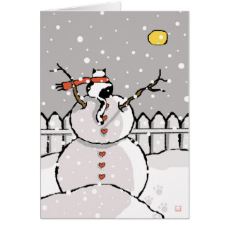 Holiday Cat Sitting on Snowman Snowy Night Cards