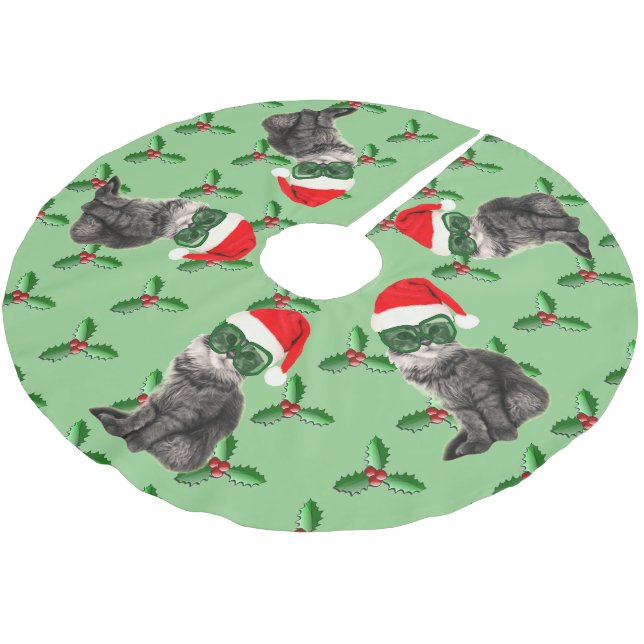 Holiday cat with Santa hat Brushed Polyester Tree Skirt (Angled)