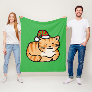 Holiday Cat with Santa Hat - Christmas Cat Lover Fleece Blanket