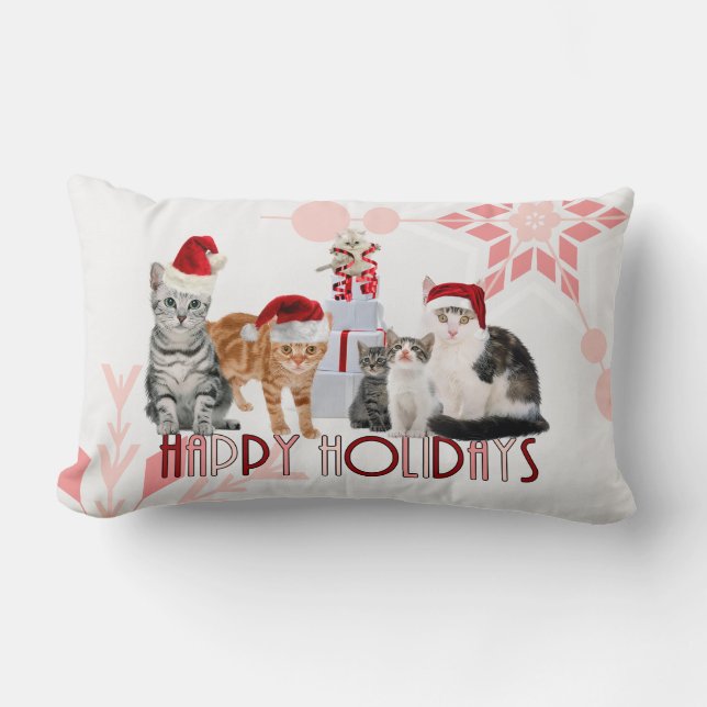 Holiday Cats Christmas Red and Pink Snowflake Lumbar Pillow (Front)