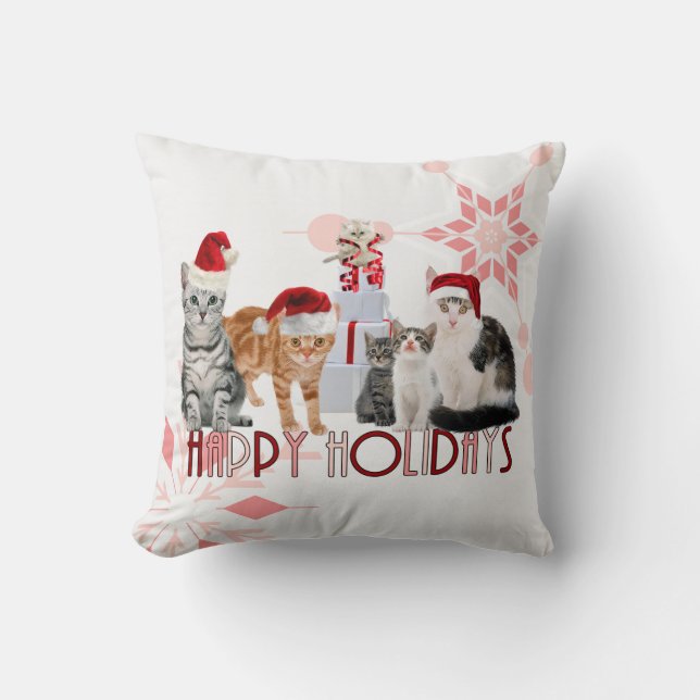 Holiday Cats Christmas | Red and Pink Snowflake Throw Pillow (Front)