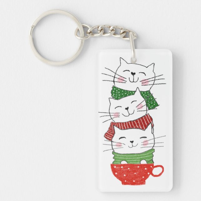 Holiday Cats Cup Scarves Cartoon Cute Keychain (Front)