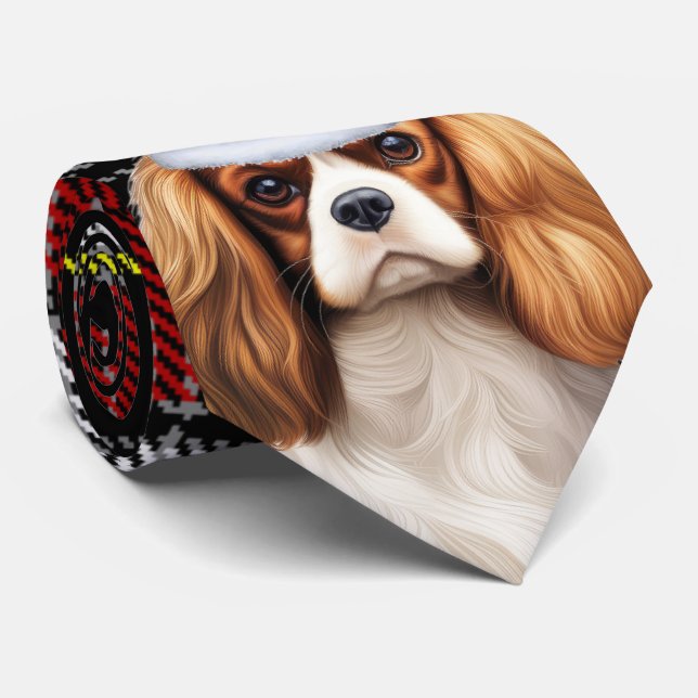 Holiday Cavalier King Charles Dog Plaid Christmas Neck Tie (Rolled)