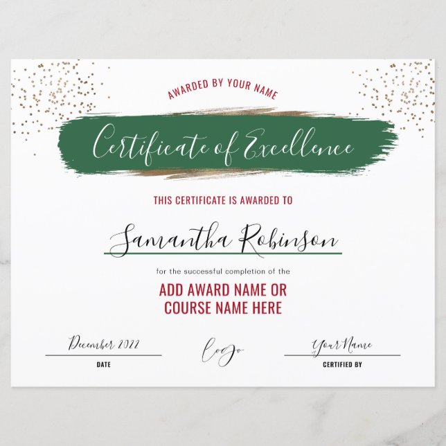 Holiday Certificate of Excellence Award Green Gold (Front)